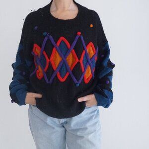 Vintage '80S Bay Club 30% Wool Black Knit w Multicolor Pom Pom Crew Sweater L